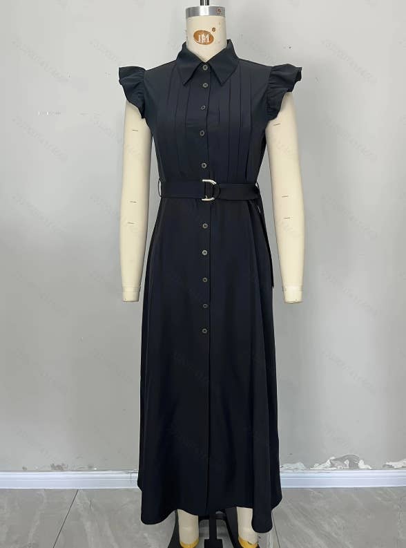 Pleating waist feifei sleeve pure color dress