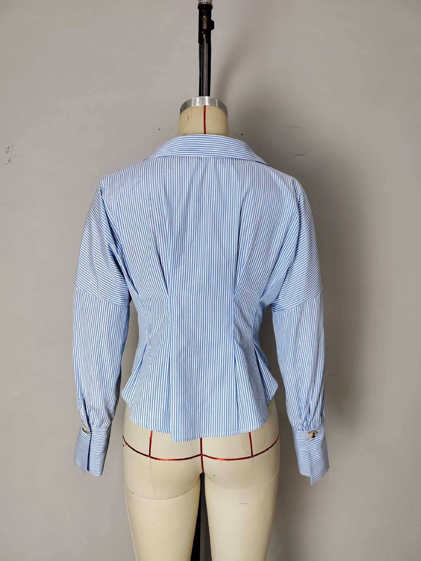 Lapel puffed sleeve pleated and cinched shirt