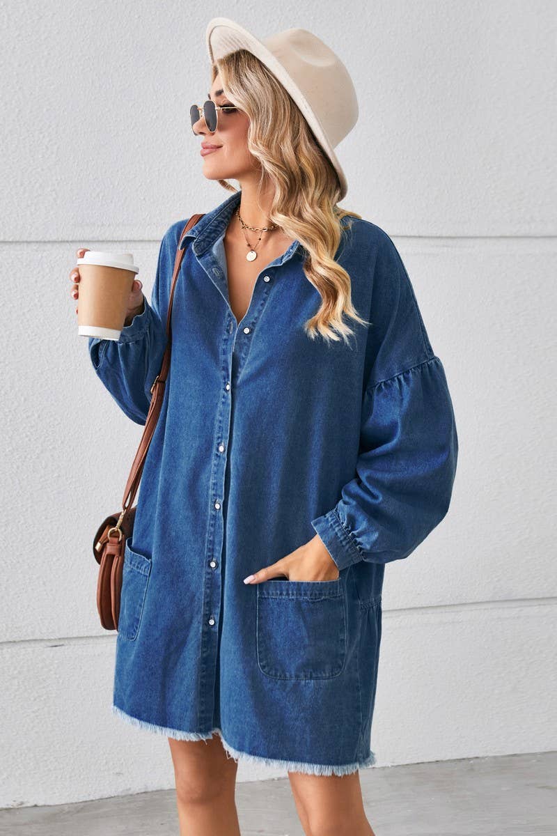 CWDSD10894_LOOSE DENIM FRAYED HEM LONG SLEEVE MIDI DRESS