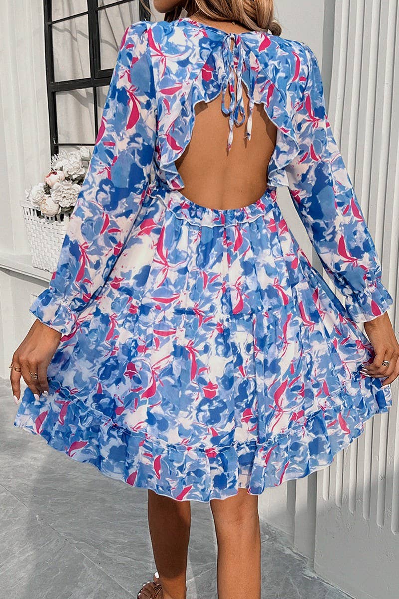 CWDSD7137_ELEGANT PRINTED V NECK LONG SLEEVE DRESS