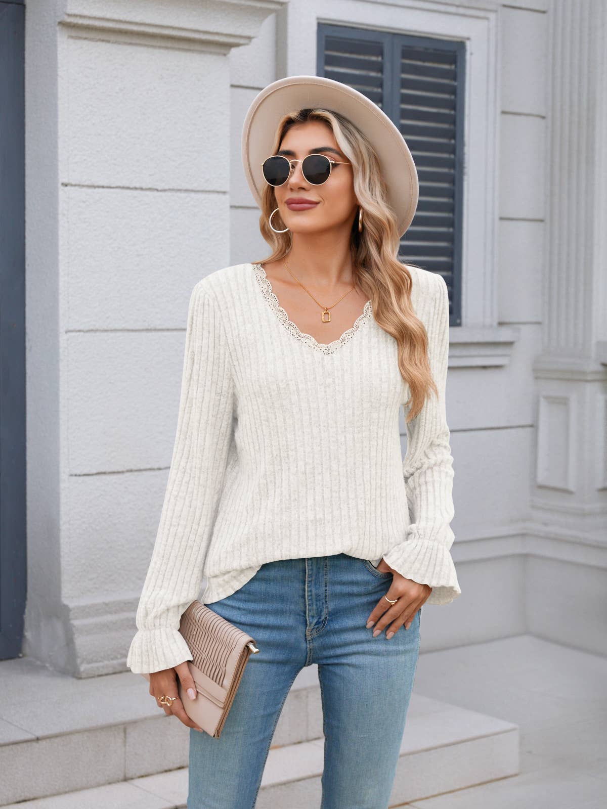 SOLID COLOR PIT-TRIMMED CASUAL V-NECK LACE PRIMER