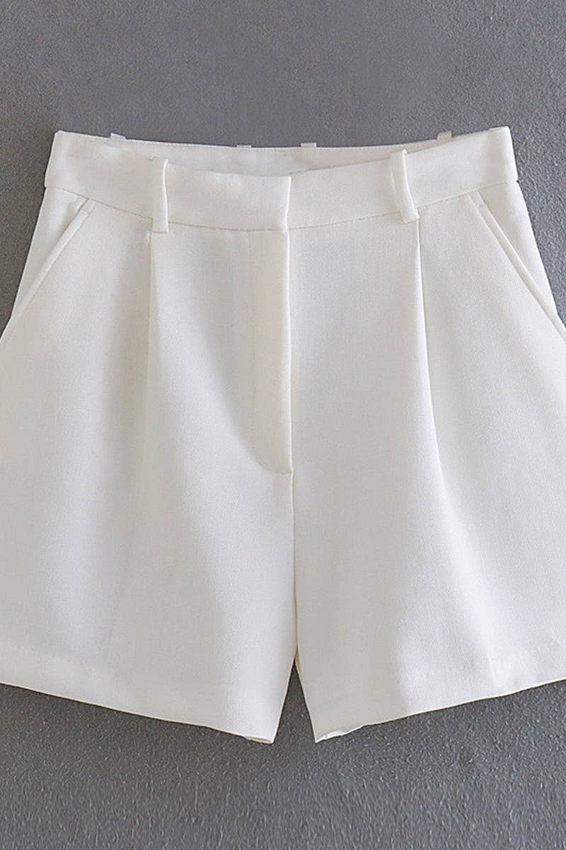 CWBSP0423_SOLID COLOR HIGH WAIST PLEATED CASUAL SHORTS