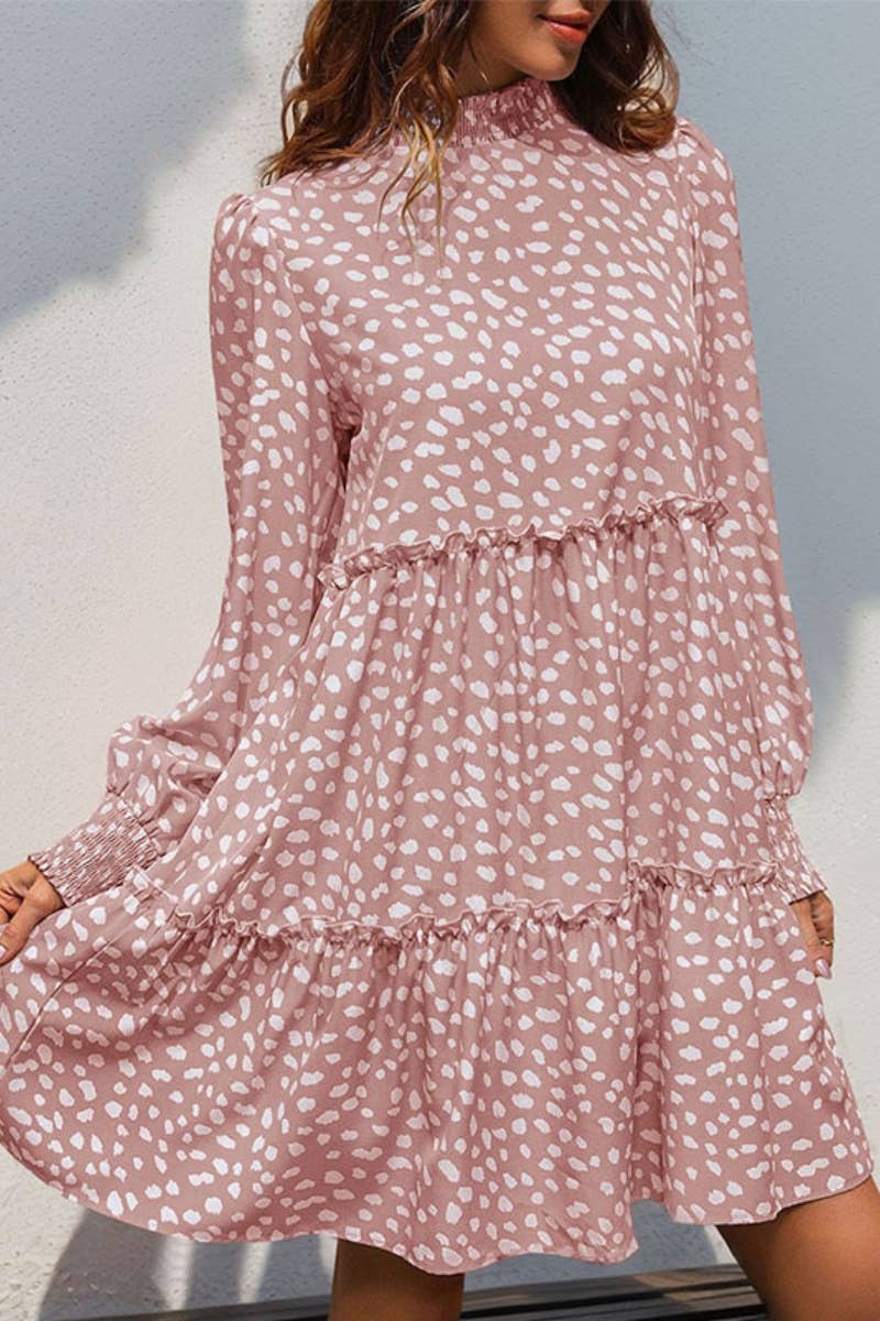 CWDSD6519_CHOKER LONG SLEEVE LEOPARD PRINT WAIST DRESS