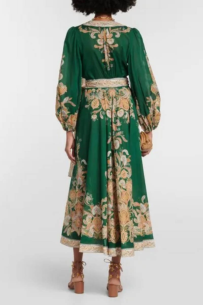 CWDMD5739_V-NECK FASHIONABLE PRINTED LONG-SLEEVED TIE DRESS