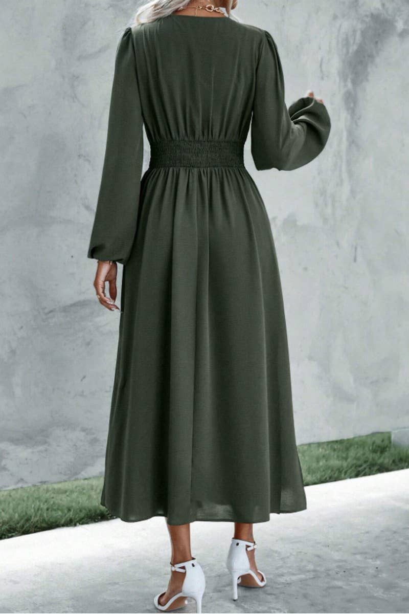 ELEGANT V-NECK PUFFED SLEEVE WAIST SLIT DRESS