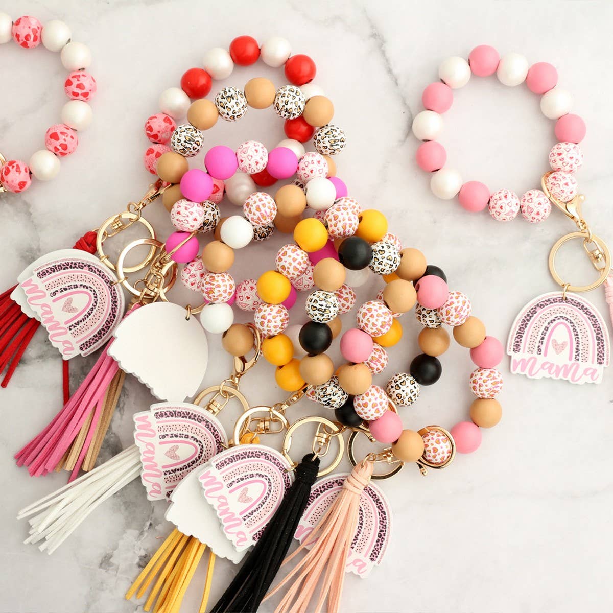 Leopard Wood Bead Bracelet Heart Keychain_CWAB5075