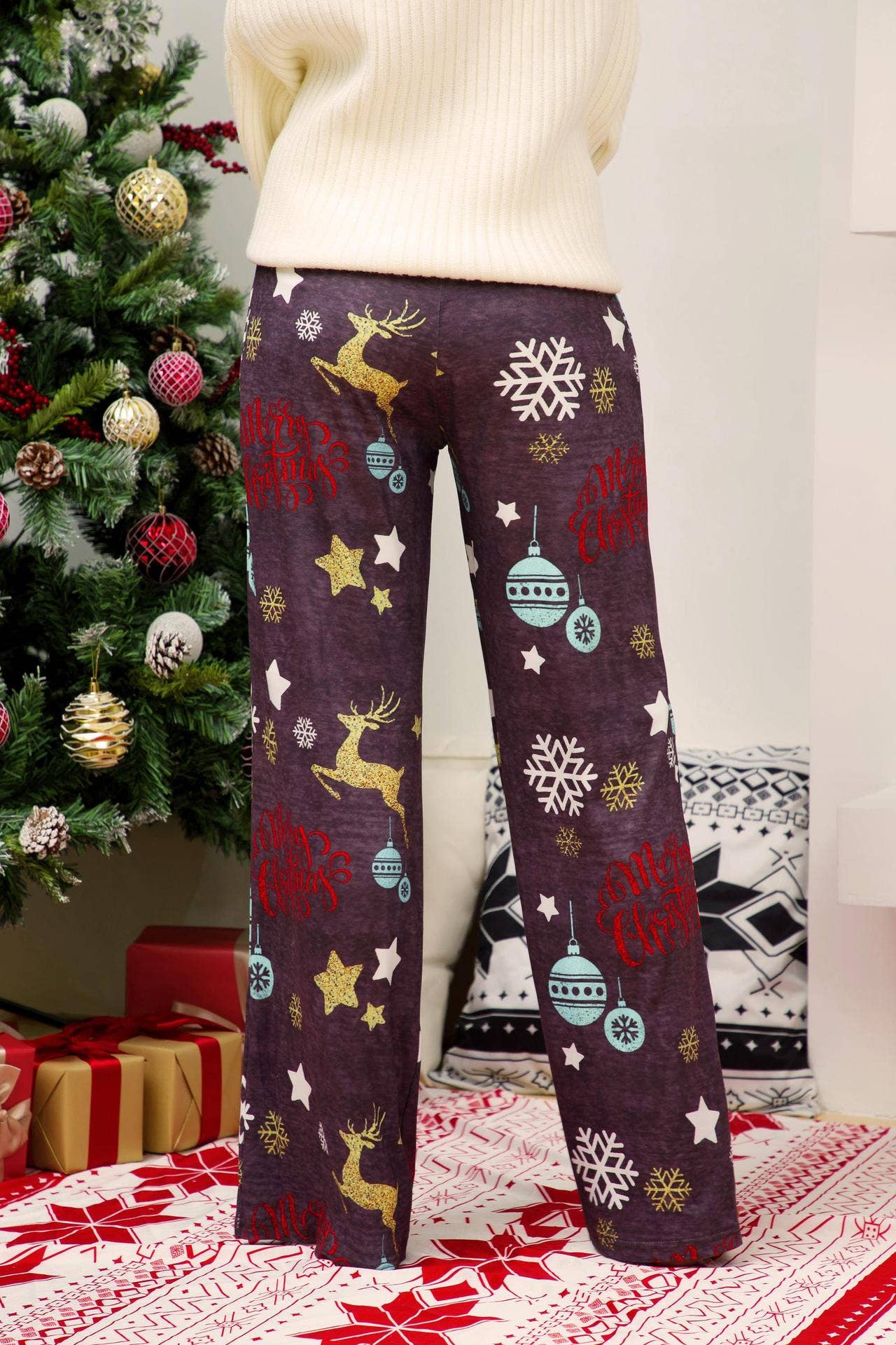 Christmas print patchwork lace-up wide-leg pants