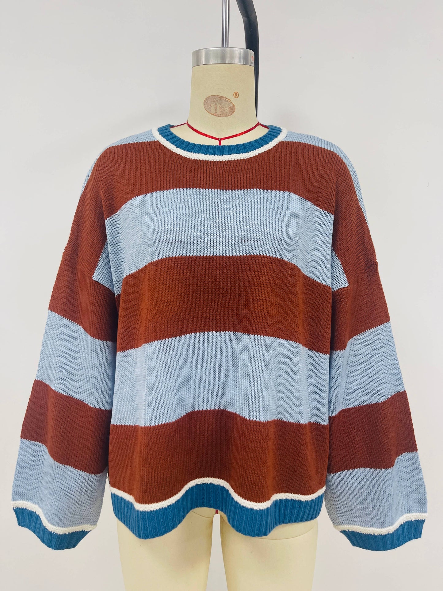 Knitted loose color-blocking striped sweater