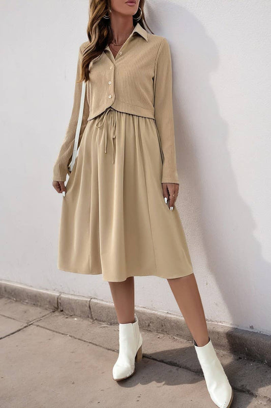 CWDMD4820_SOLID COLOR LAPEL LONG SLEEVE FAKE TWO PIECE DRESS