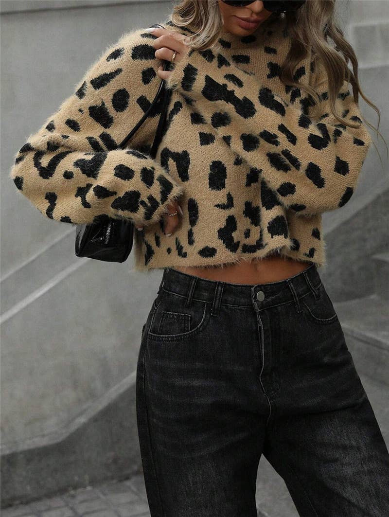 Leopard print simple short pullover sweater