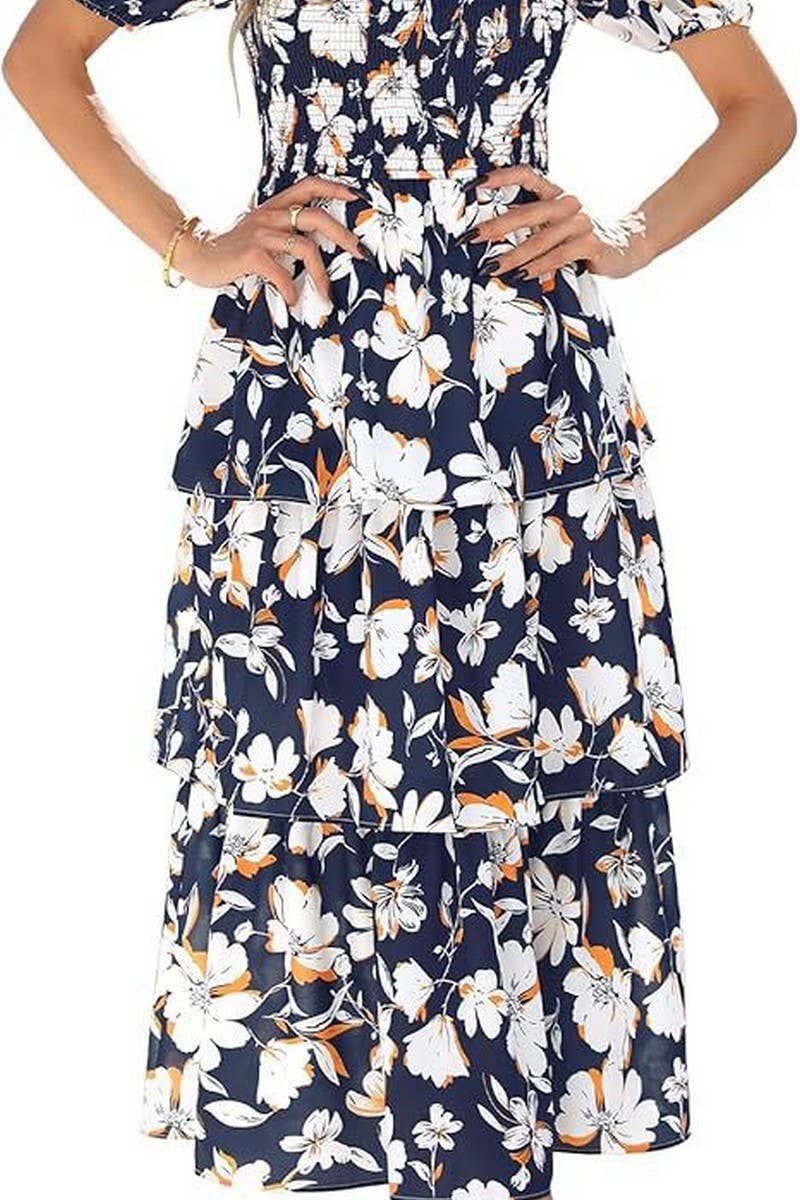 CWDMD01026_SQUARE NECK SHORT SLEEVE FLORAL CHIFFON DRESS