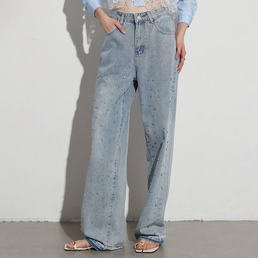 HIGH WAISTED STUDDED PEARL STRAIGHT LEG JEANS