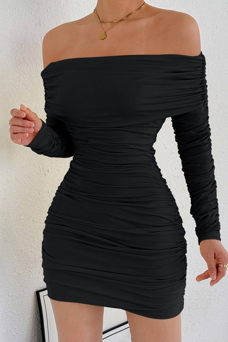CWDSD10763_OFF SHOULDER LONG SLEEVE RUCHED BODYCON DRESS