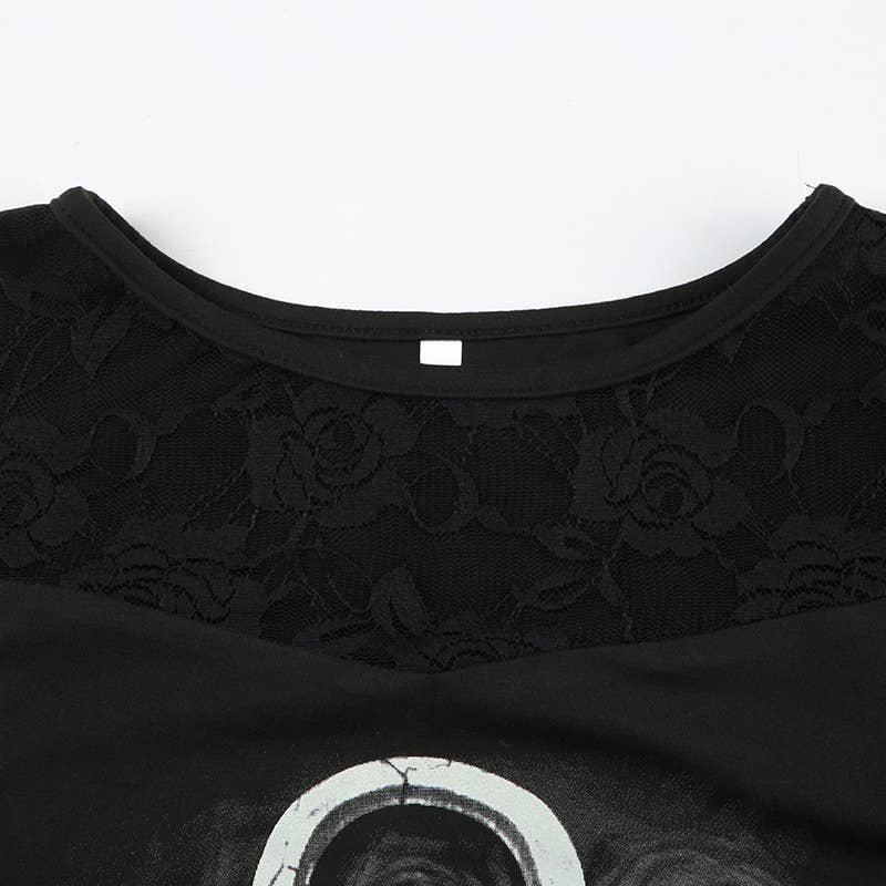 Vintage rose floral print lace patchwork T-shirt