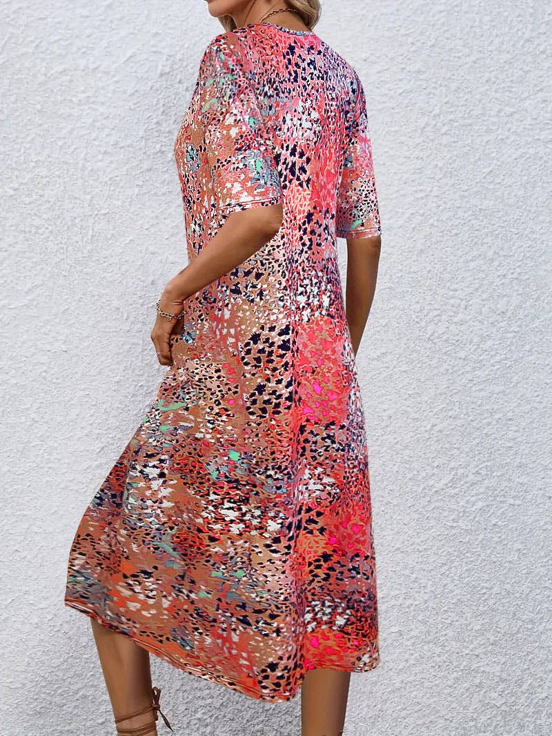 CWDMD5688_SUMMER V-NECK SHORT-SLEEVED FLORAL DRESS