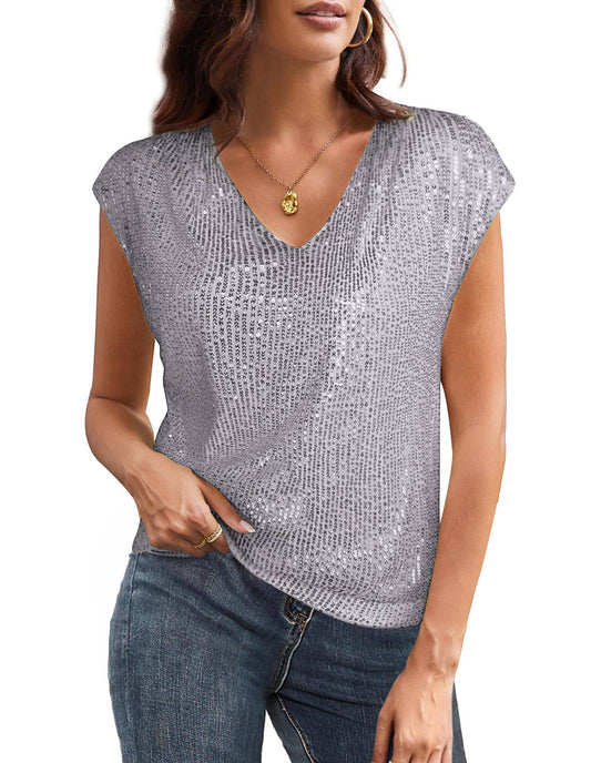 V-neck sequined short-sleeved slim-fit top