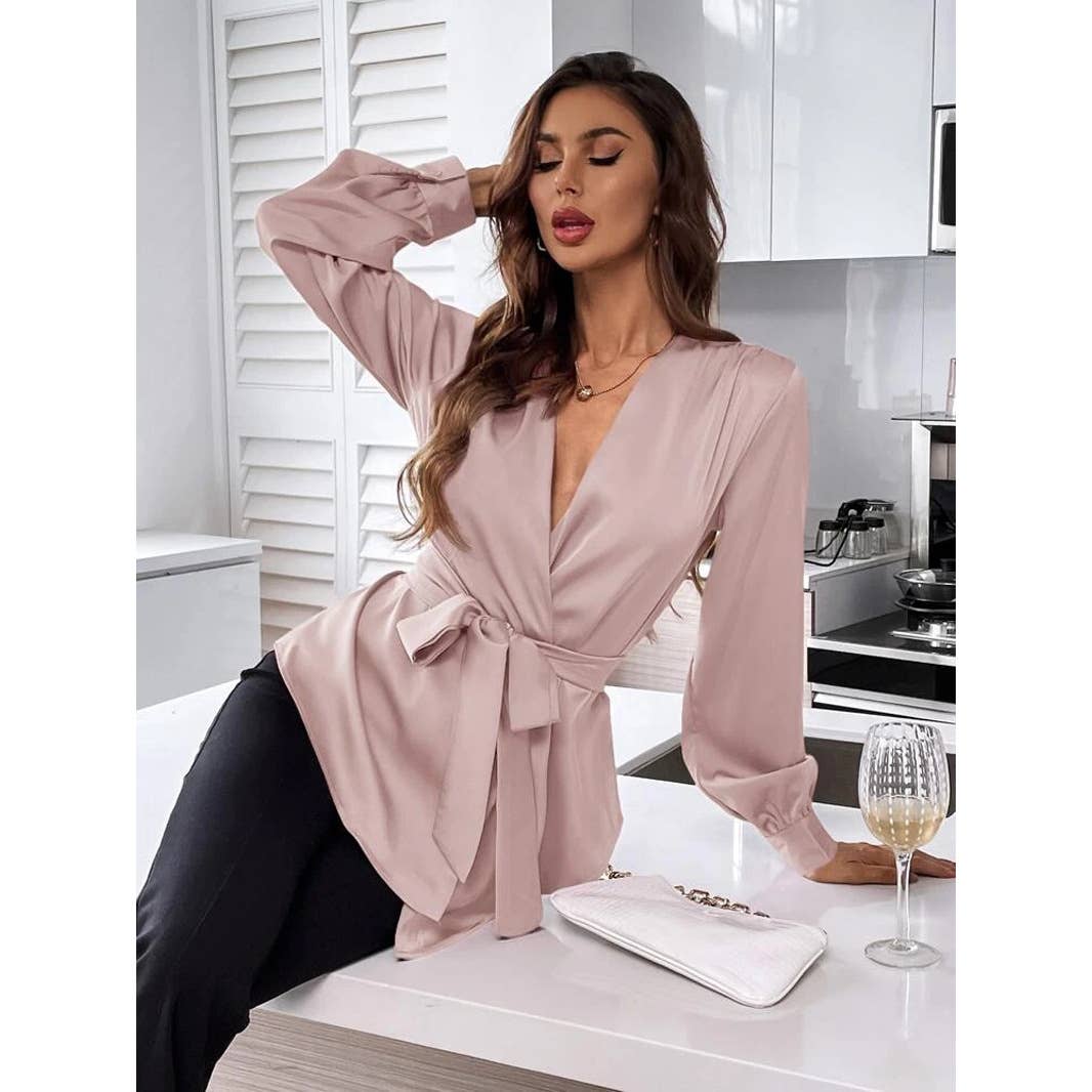 V-NECK SOLID COLOR BELTED ASYMMETRICAL HEM SHIRT
