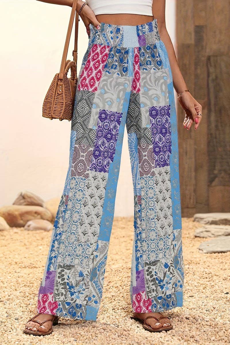CWBLP2072_HIGH WAIST FLORAL FLARED DRAPED SUMMER PANTS