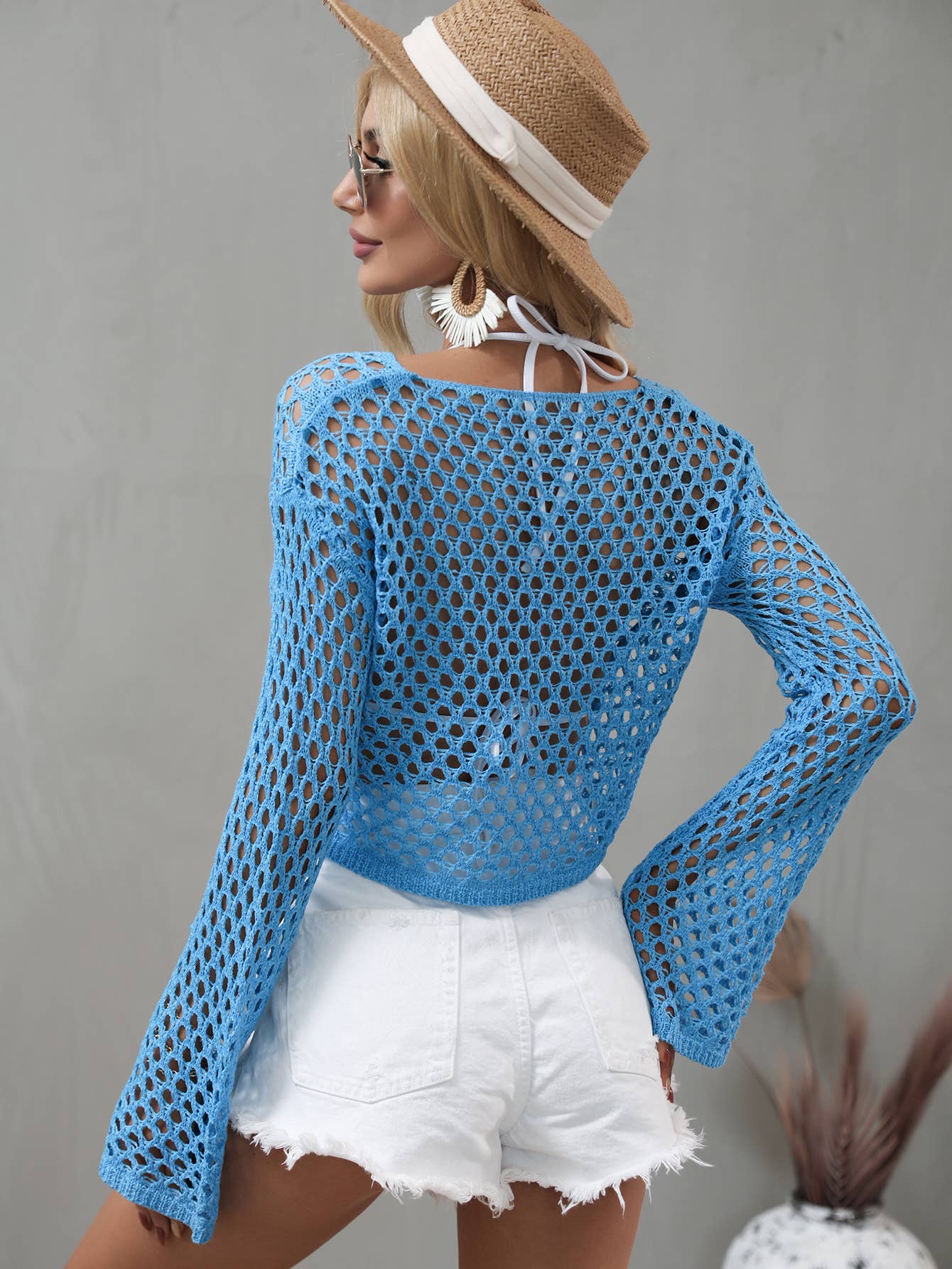 Knitted Bell Sleeve Hollow Round Neck Sweater