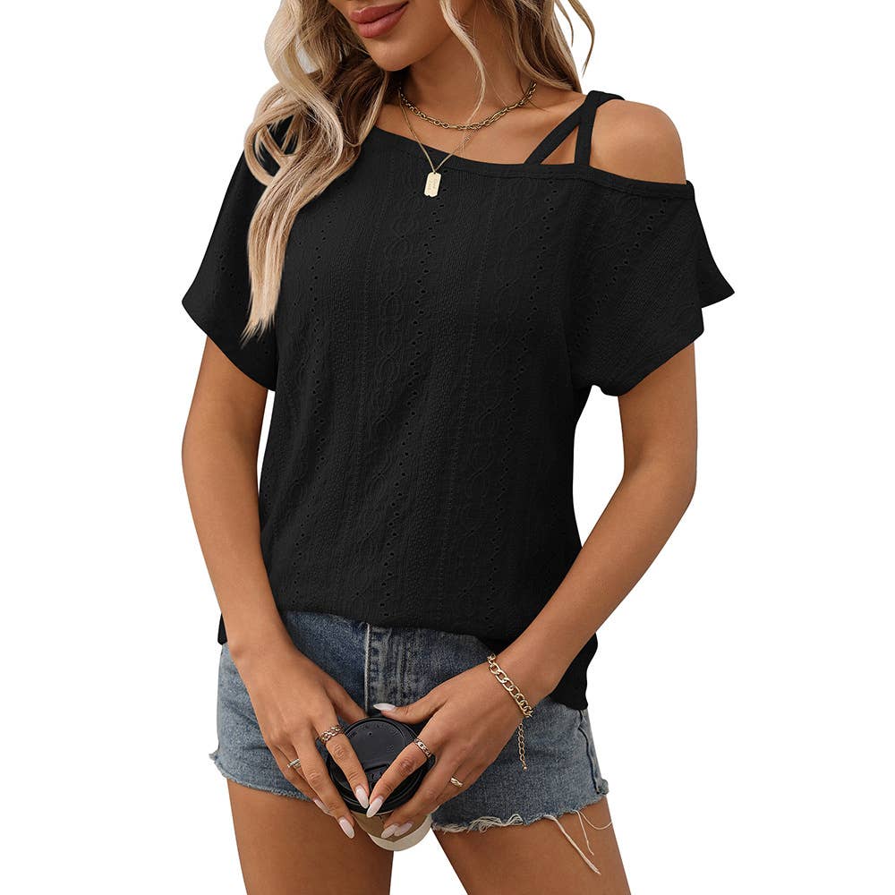 Solid color single shoulder short sleeve Top