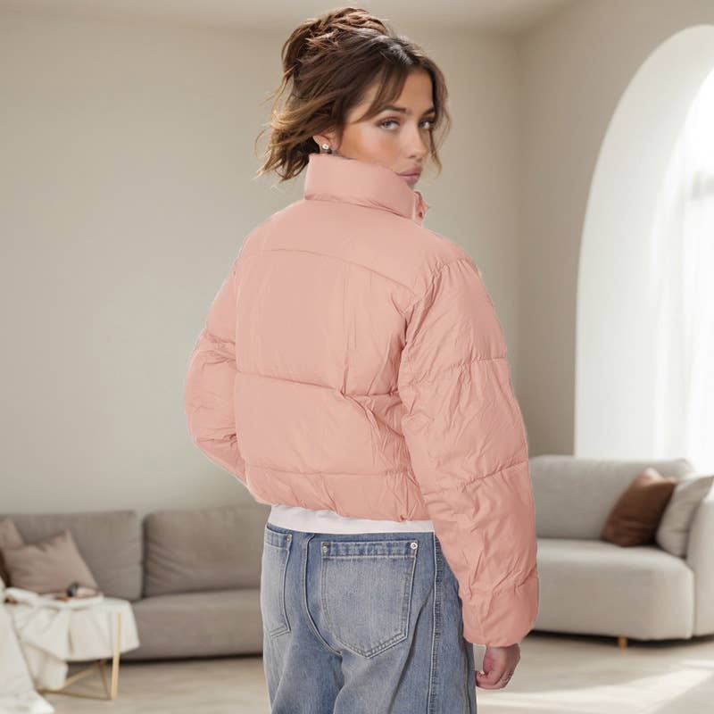 SOLID COLOR STANDING COLLAR WARM SHORT JACKET