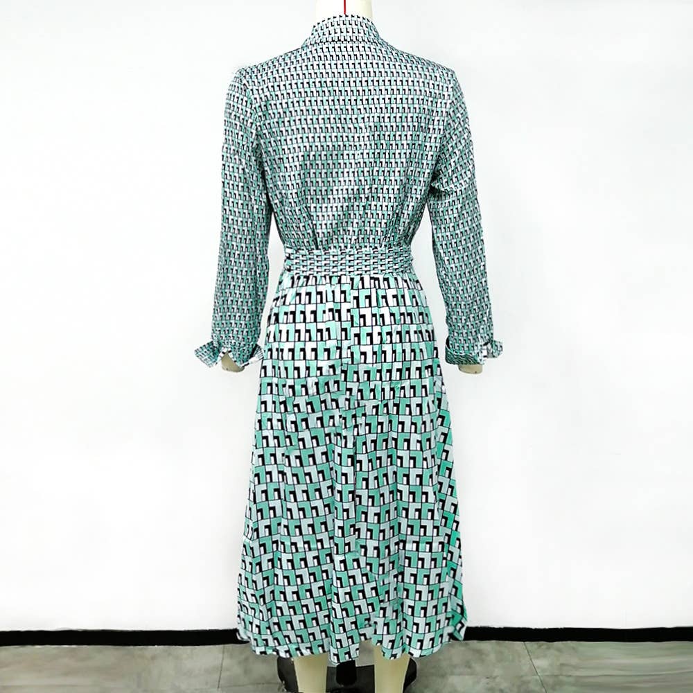 PLAID PATCHWORK LACE-UP LONG-SLEEVED DRESS