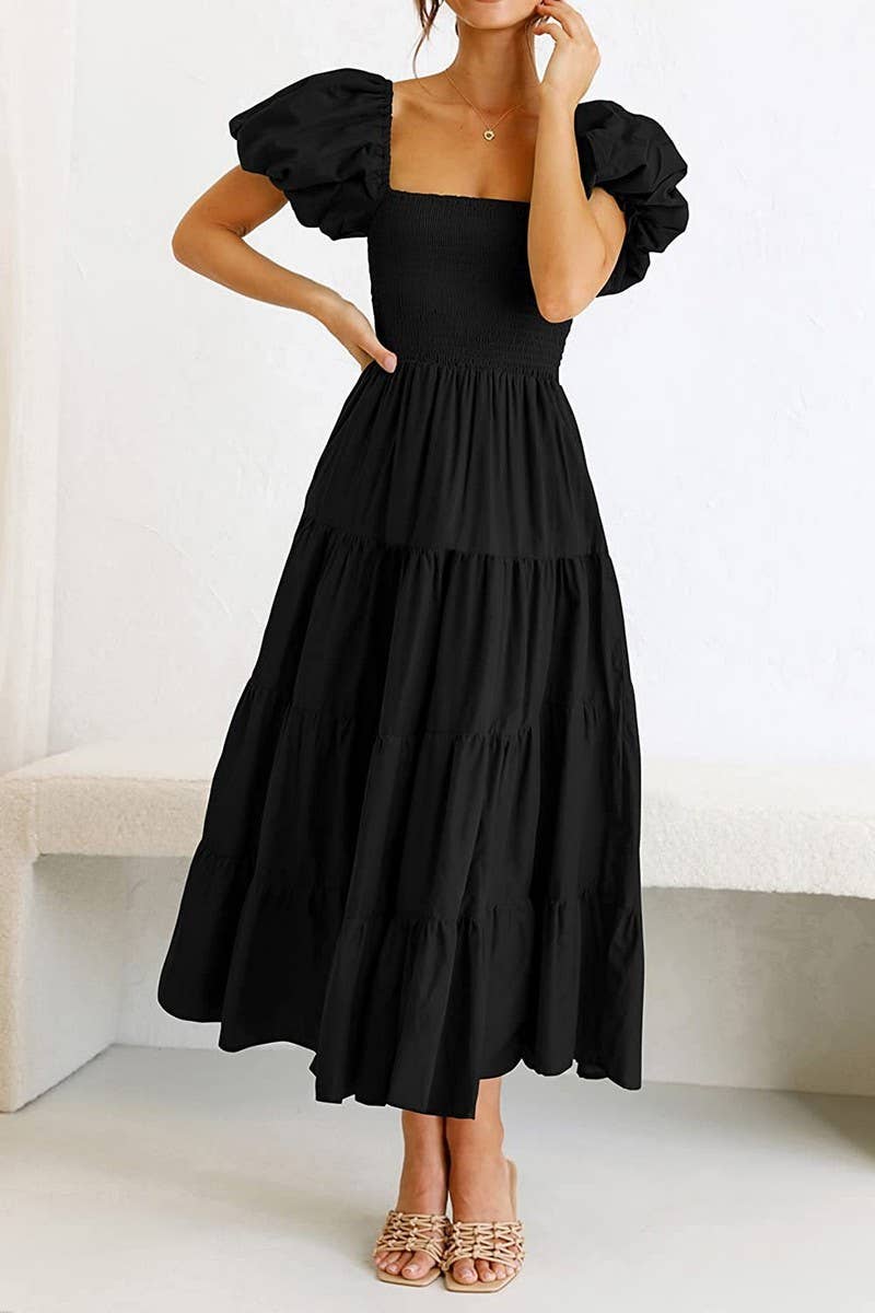 CWDTD0360_SQUARE NECK OFF SHOULDER PUFF SLEEVE DRESS