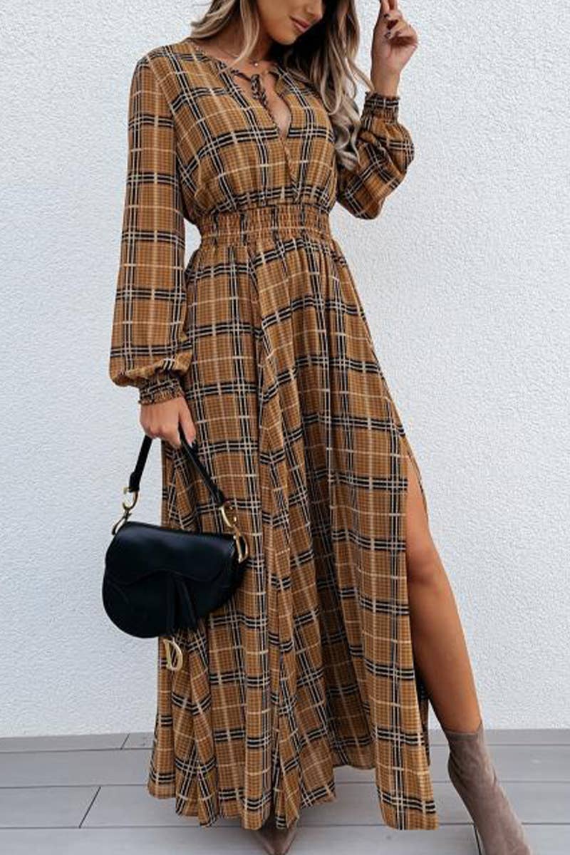 PLAID PRINT LONG-SLEEVED WAIST SLIT DRESS