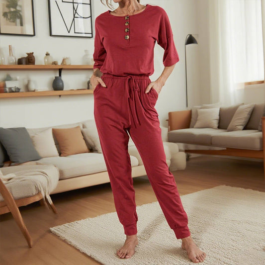 Sexy V-neck short-sleeved button-down jumpsuit