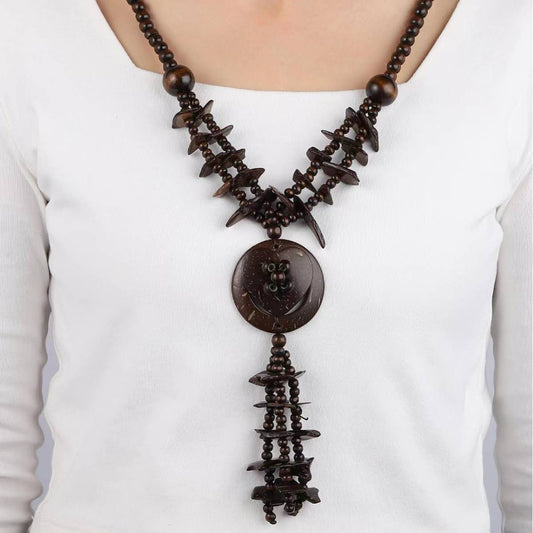 ETHNIC COCONUT SHELL WOOD BEADS VINTAGE NECKLACE