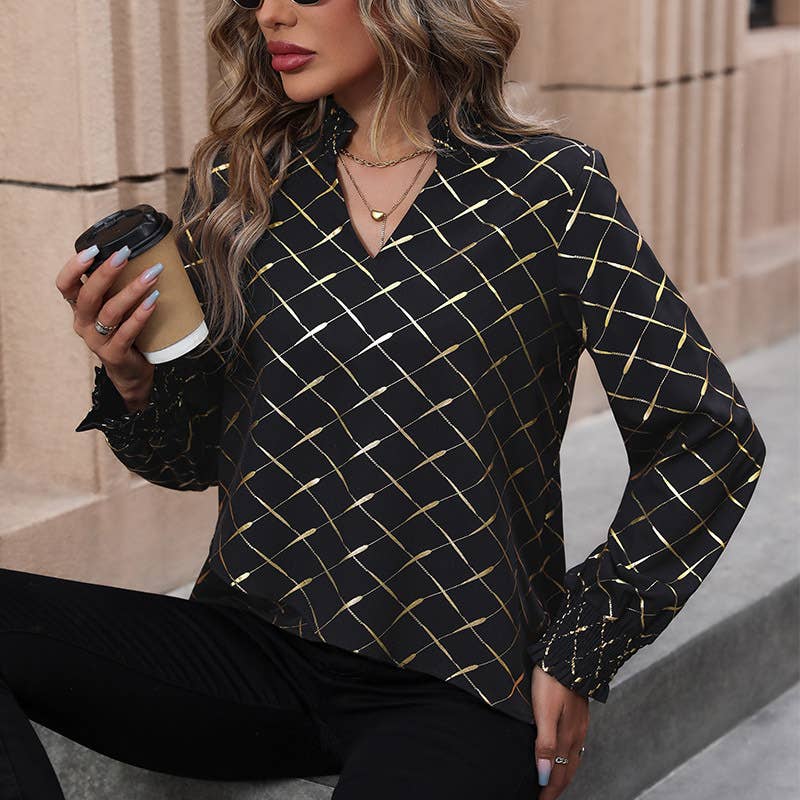 STAND COLLAR V-NECK GOLD STRIPED PULLOVER SHIRT