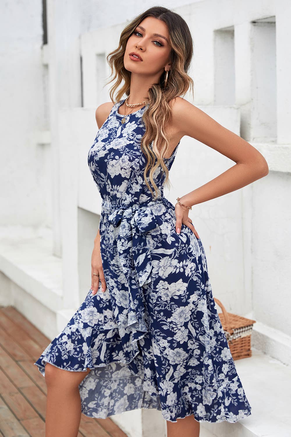 Ruffled LACES cinched waist long halter dress