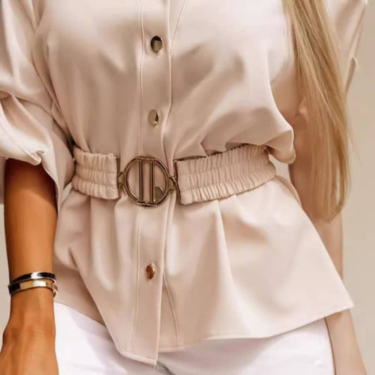 RUFFLED SLEEVED BAGGY WAISTBAND LAPEL SHIRT