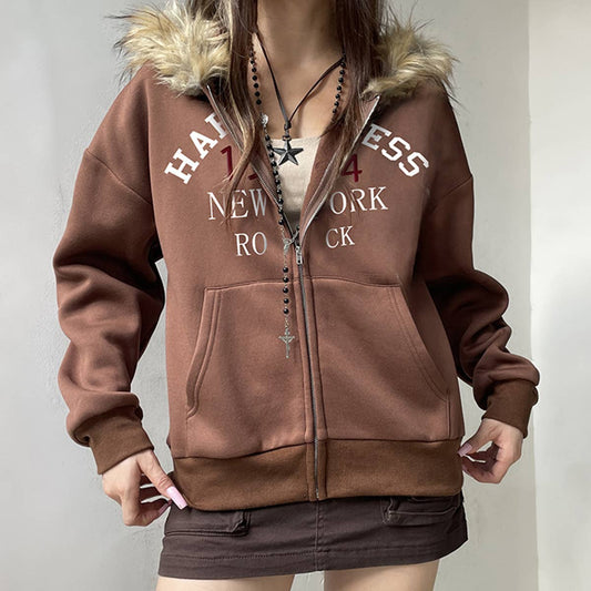 VINTAGE DIGITAL PRINT ZIPPER LOOSE HOODIE COAT