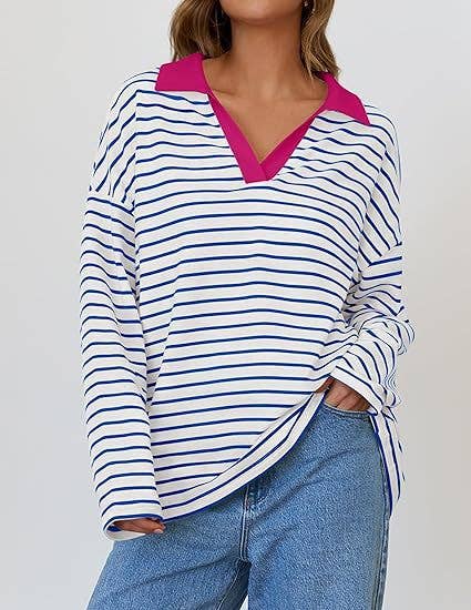 STRIPED V-NECK LOOSE LONG-SLEEVED HOODIE