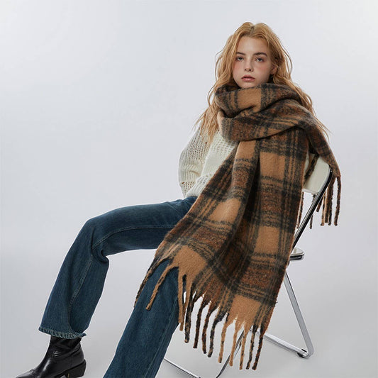 Wide Faux Cashmere Tassel Scarf-Winter Plaid Shawl