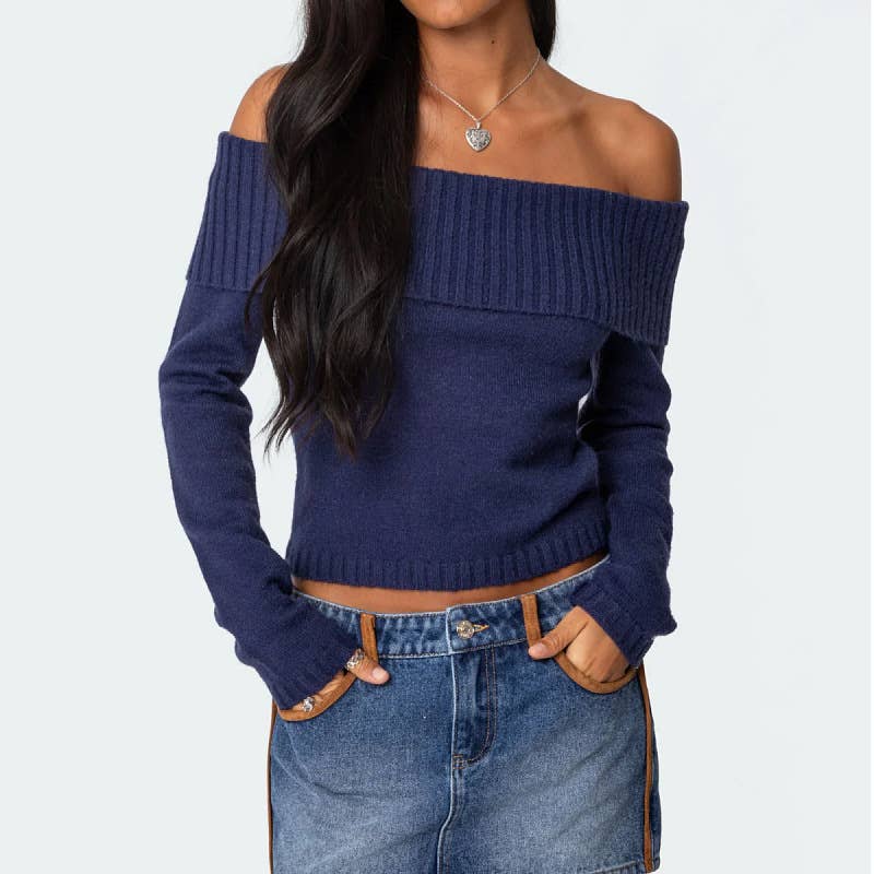 Solid-colored one-neck long-sleeved sweater
