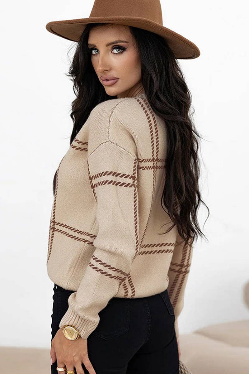 CWOSWL07350_PLAID COLORBLOCK CREWNECK KNIT SWEATER