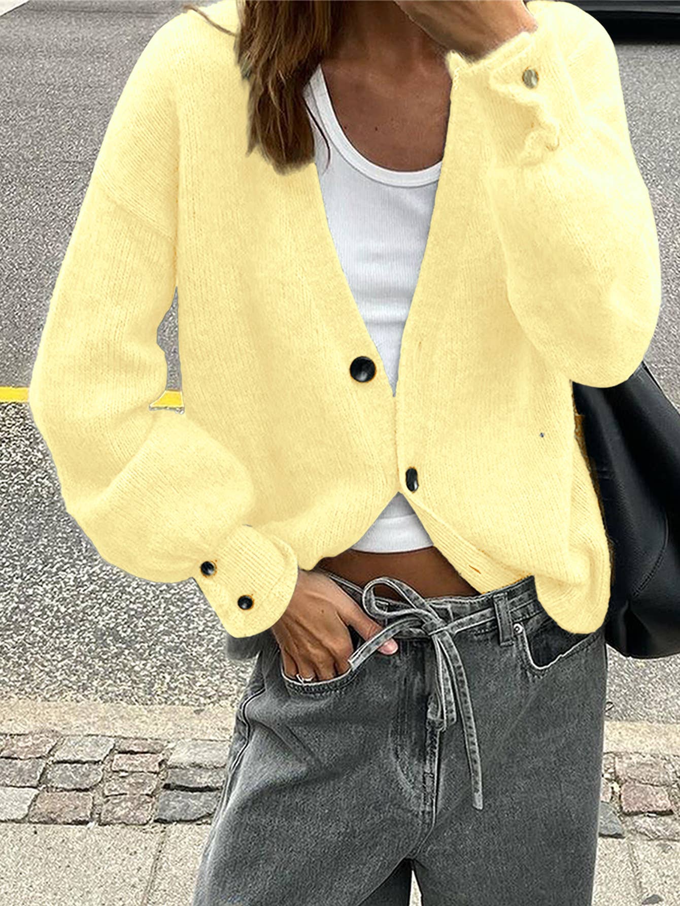 Simple button solid-color long-sleeved sweater