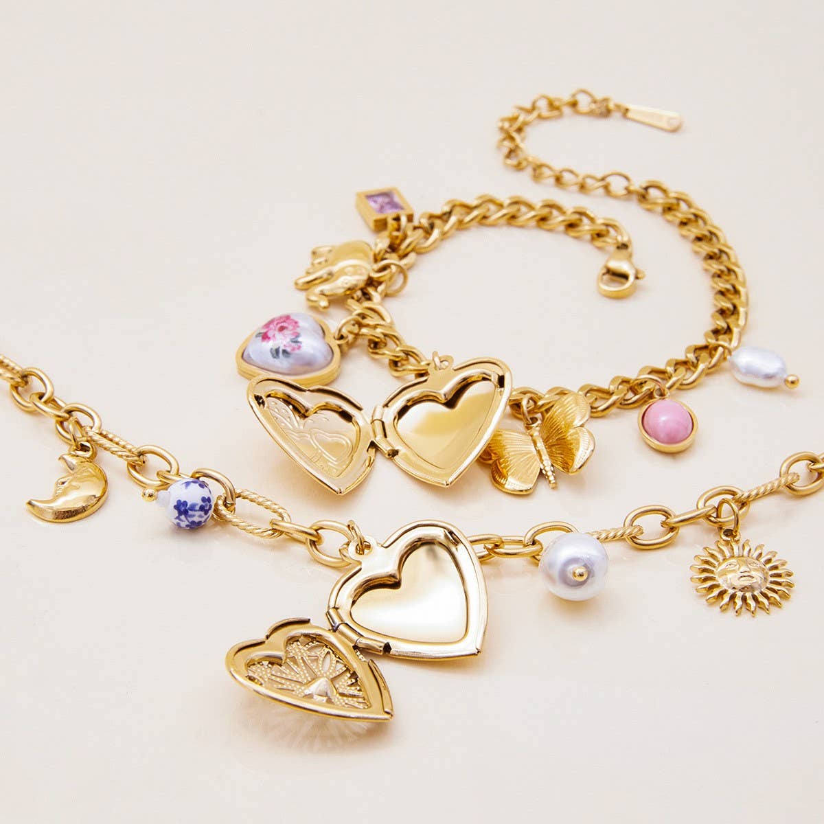 Romantic Pearl & Ceramic Heart Photo Bracelet
