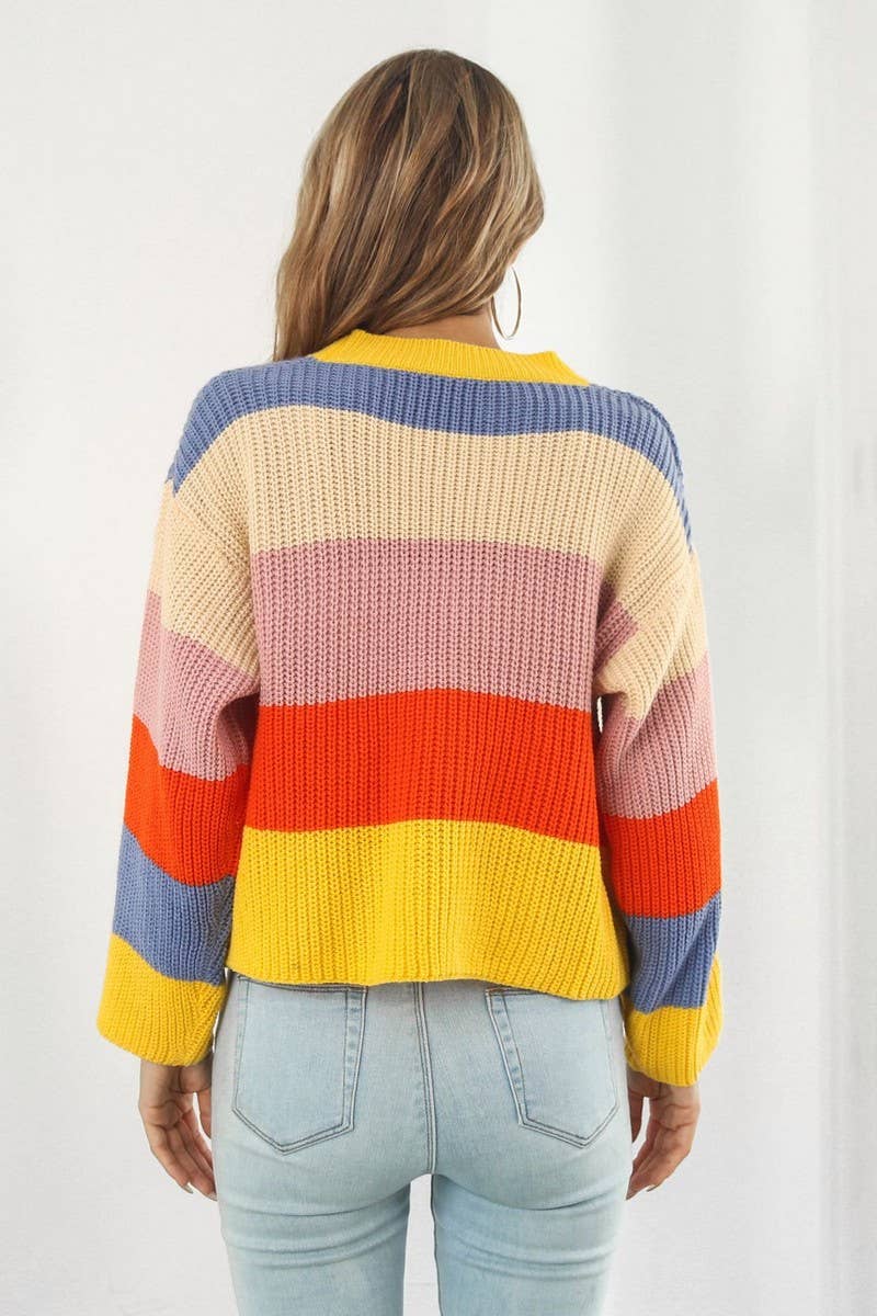 CWOCAL1224_CONTRAST RAINBOW STRIPES LOOSE KNIT CARDIGAN