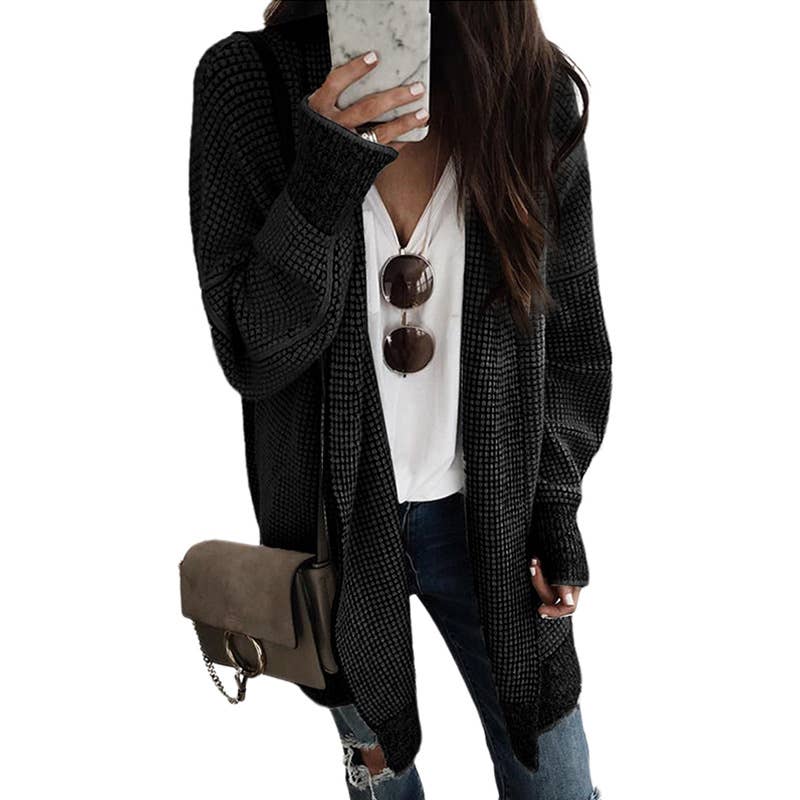 Solid color medium long knit cardigan jacket for women