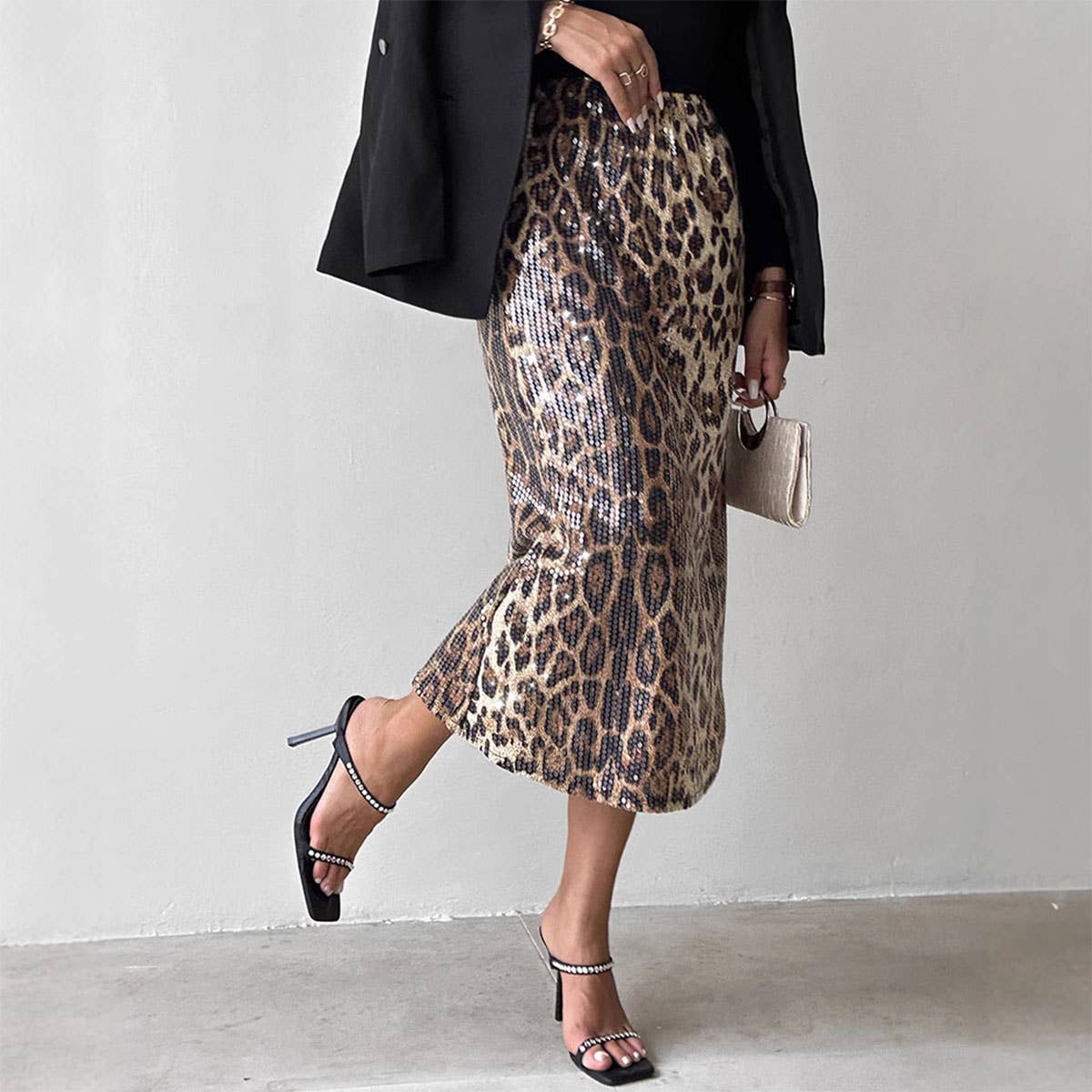 BEAD LEOPARD PRINT LONG FASHION CASUAL SKIRT