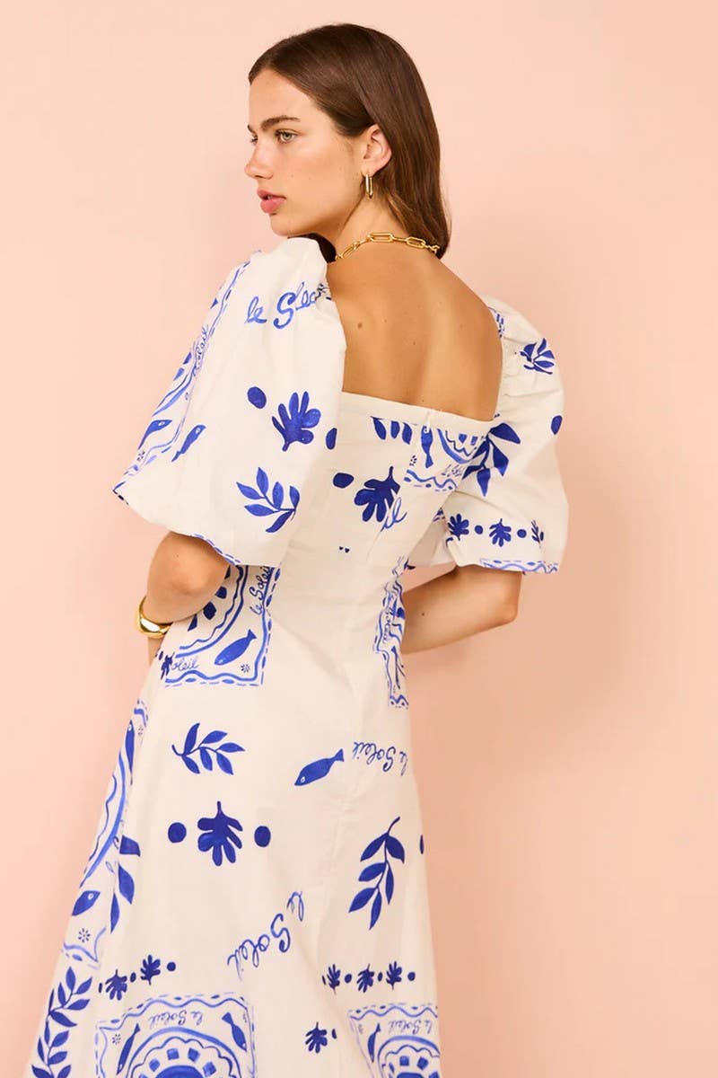 CWDMD6097_OFF SHOULDER PRINT LANTERN SLEEVE PATCHWORK DRESS