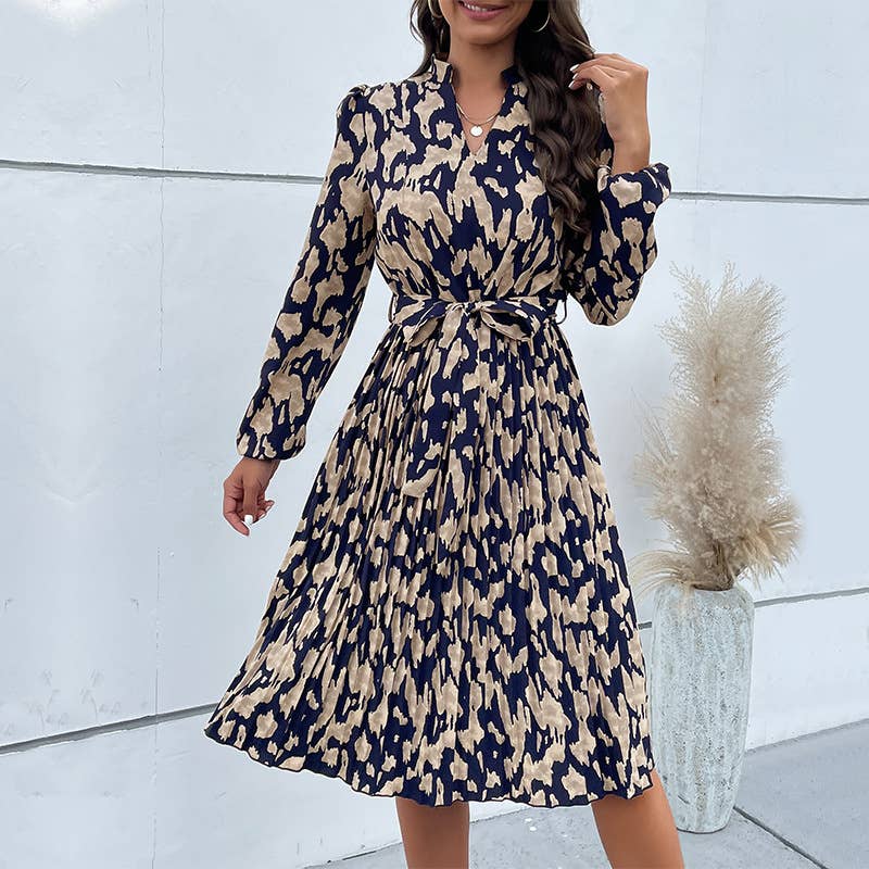 Ruched Floral V-Neck Long Sleeve Waist Dress