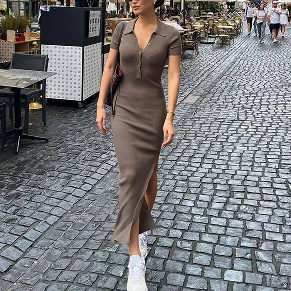 TEMPERAMENT TREND LAPEL SHORT-SLEEVED SLIT DRESS