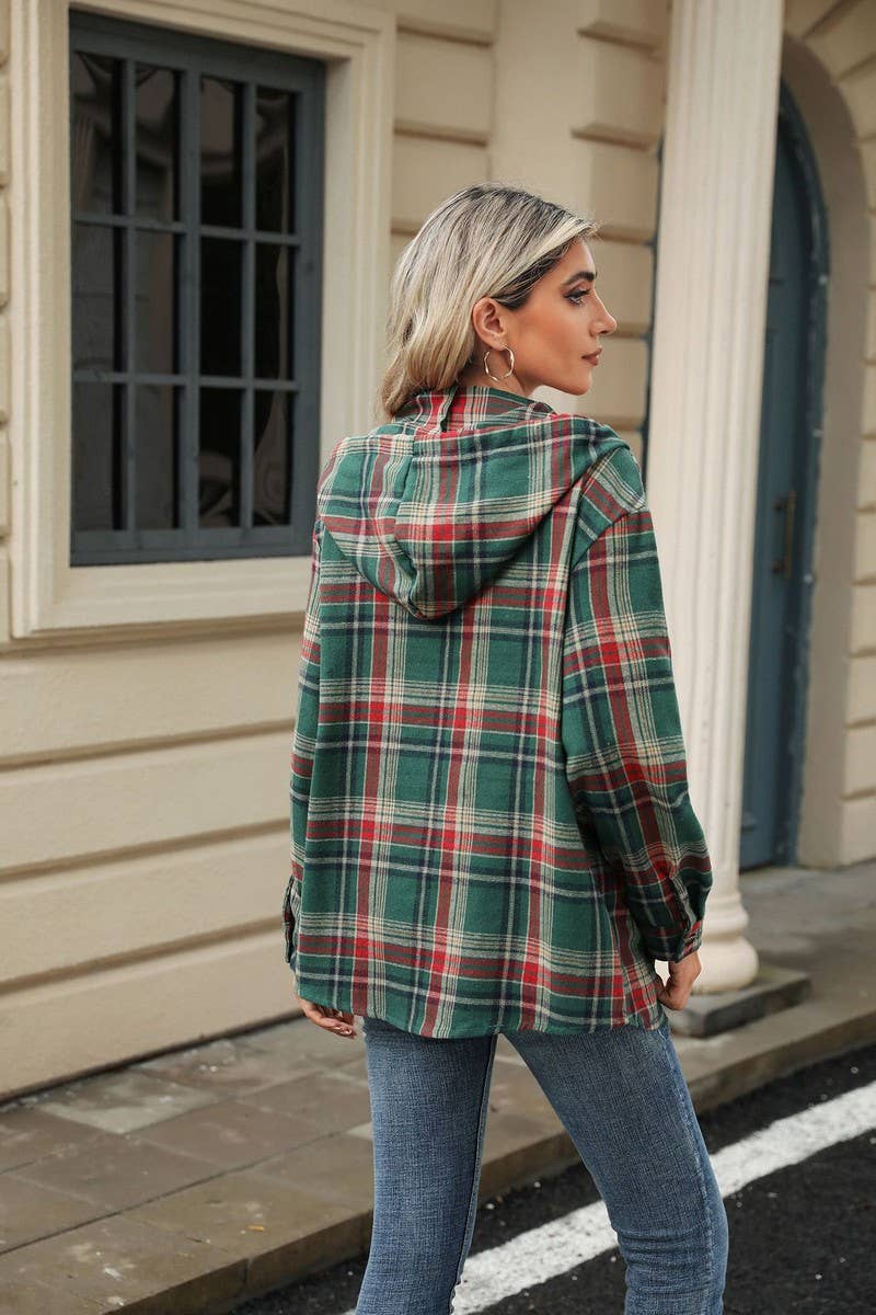 CWOHOL0721_CHECKED DRAWSTRING HOODED LONG-SLEEVED SWEATSHIRT