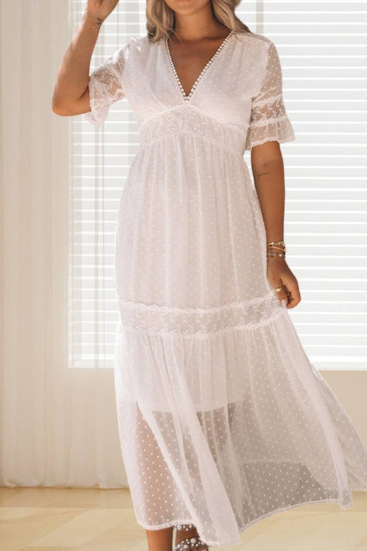 CWDMD3108_MESH STITCHING LACE SHORT SLEEVE DRESS LONG