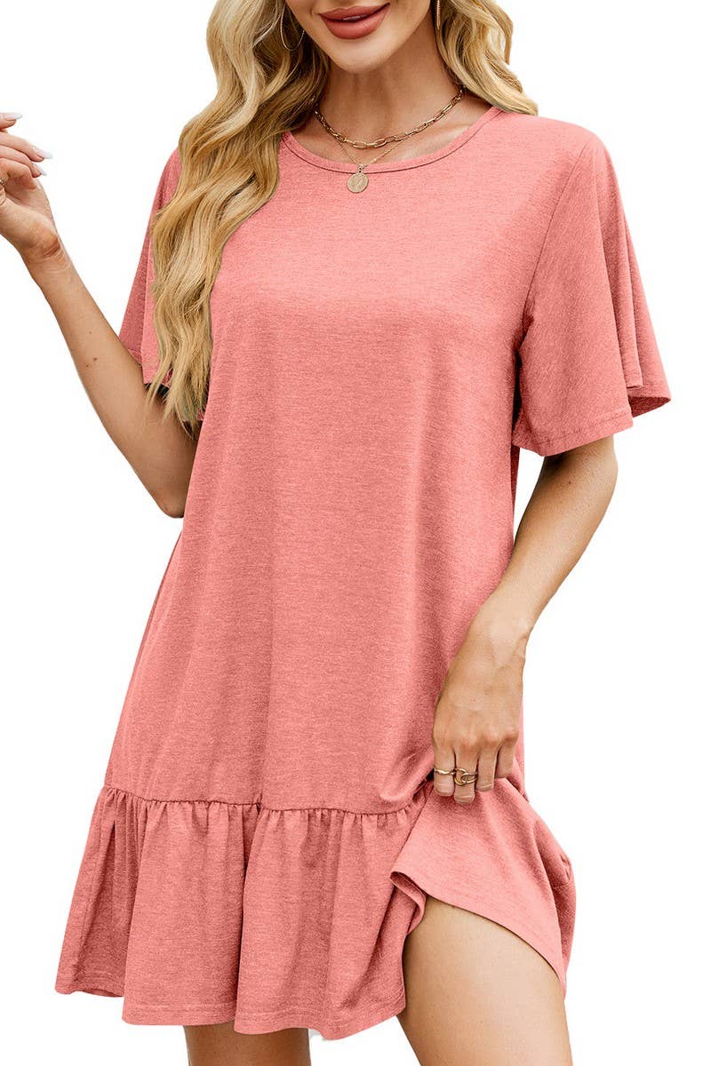 CWDSD7282_SOLID COLOR ROUND NECK LOOSE SHORT SLEEVE DRESS