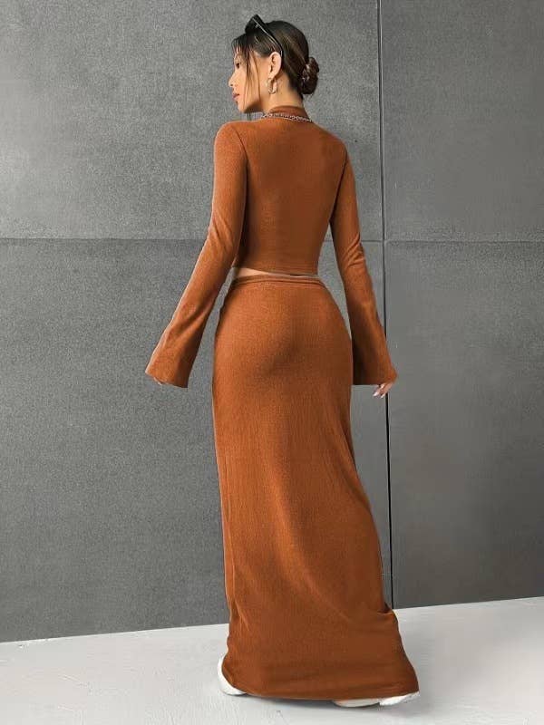 SOLID COLOR LONG SLEEVE TOP LONG SKIRT SET
